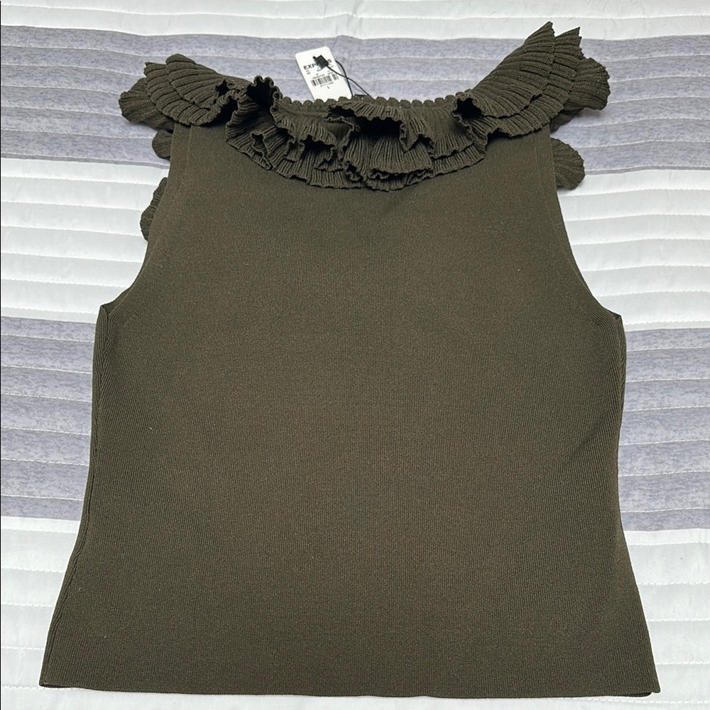 Express Olive Ruffle V-Neck Top - Picture 3 of 5